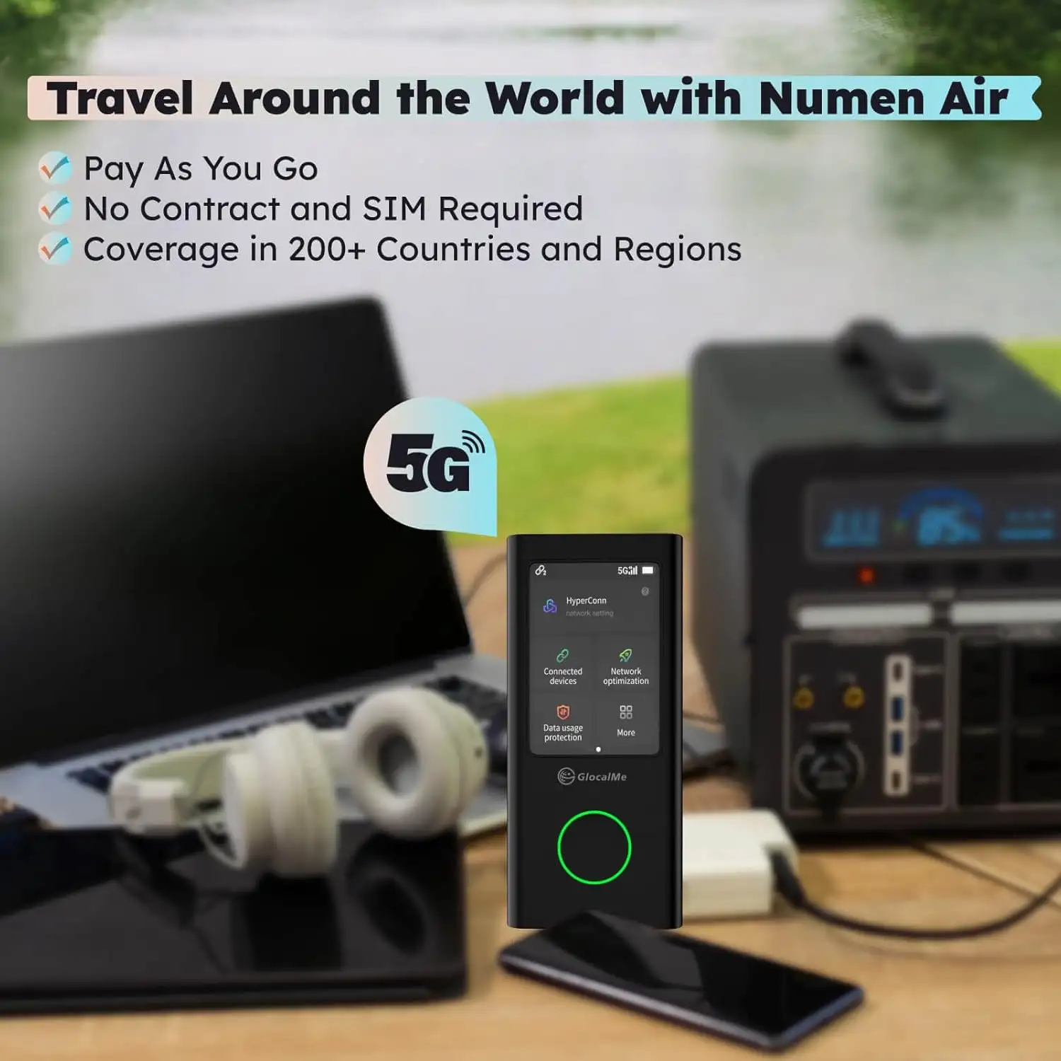 GlocalMe Numen Air 5G, No Contract or SIM Card Required, 16 Connected Devices, Global 1GB Data - 61SJ041